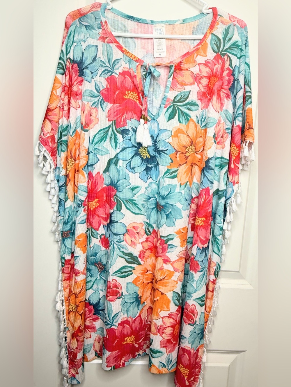 Time and Tru Floral Swim Cover Up Medium Tassel Kimono Beach Caftan Boho